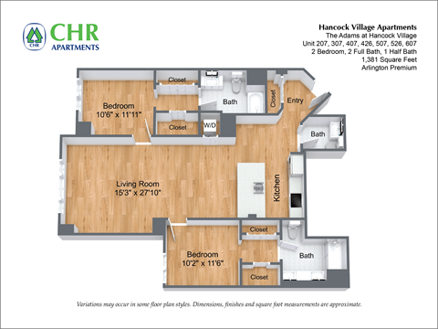 Floor plan for 2 beds, 2.5 baths, 1381 sqft